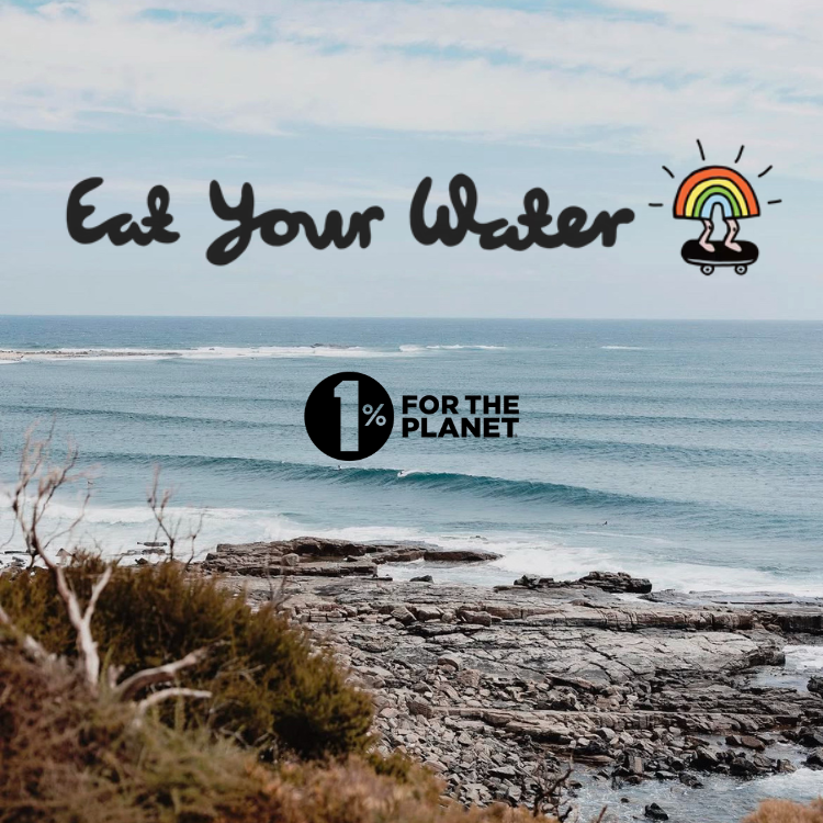 Eat Your Water 1% for the planet on a beach image from their instagram