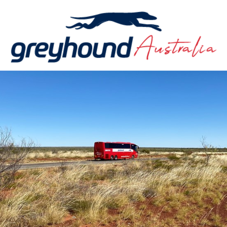 Greyhound Australia logo and image of one of their coaches in the Outback.