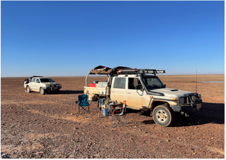 what our Red Dirt Detectives' site looks like. Barren landscape, hot red dirt. A ute with a tray back camping set up.